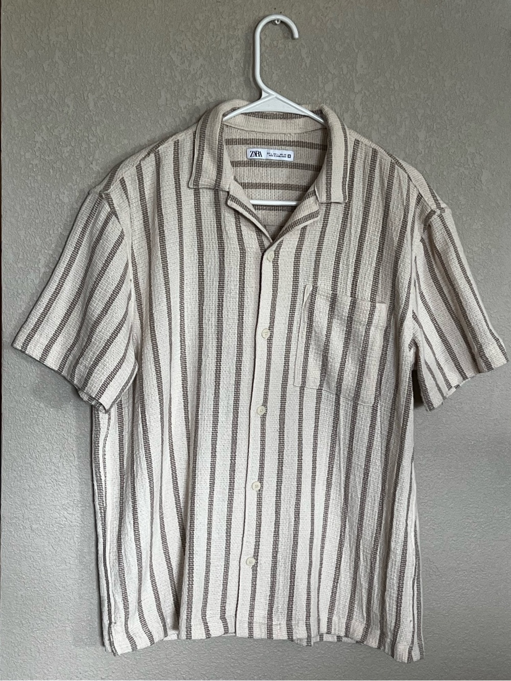 ZARA Men Textured Vertical Stripe Short Sleeve Camp Collar Shirt